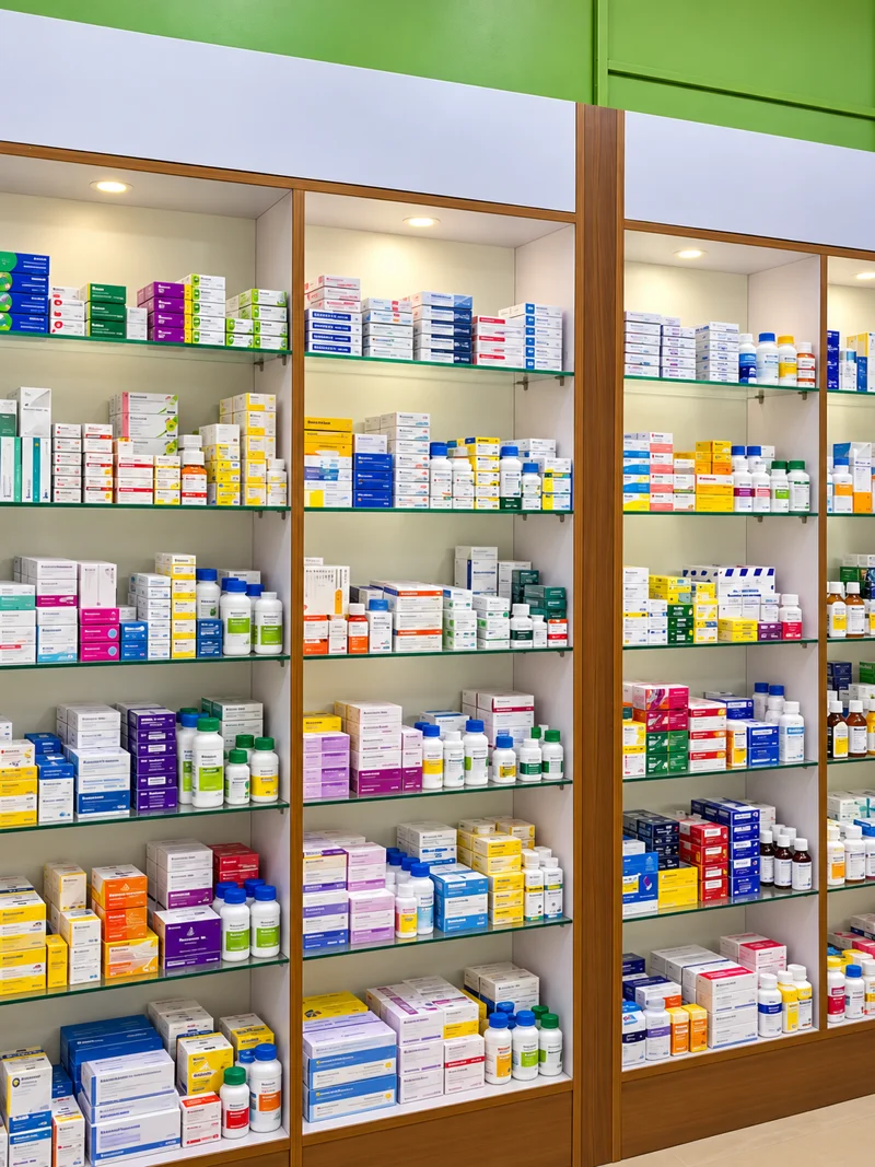 Neatly arranged pharmacy shelves, illustrative photograph